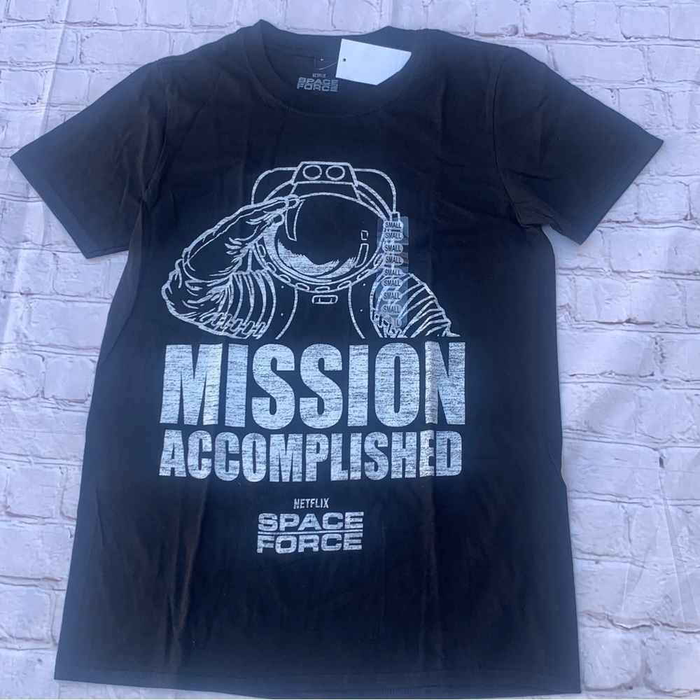 Netflix Space force  MISSION ACCOMPLISHED Black Tee shirt size Small